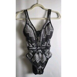 BECCA Swimsuit Womens XS Black Rebecca Virtue Reveal Plunge Crochet One Piece
